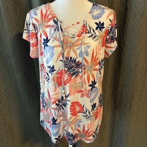 Link Women's Floral Short Sleeve Top - Coral, Navy, White